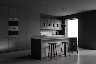 Gri duvarları, beton zemini, gri ve ahşap tezgahları olan modern mutfak. Yanında sandalyeler olan uzun bir masa. 3d oluşturma