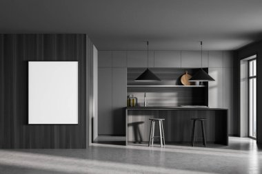 Yemek masası, bar sandalyeleri ve mermer zemini olan gri mutfak odasındaki bez çerçeve. Mutfak minimalist odası, pencereli, ahşap gri mobilya, 3 boyutlu, insan yok.