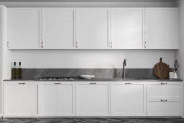 Beyaz minimalist mutfak seti, aletler ve raflar, ön manzara. Siyah parke zemin üzerinde aydınlık lüks mutfak, 3 boyutlu, kimseyi yansıtmıyor.