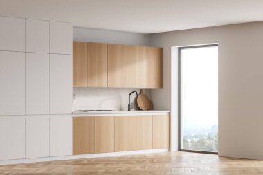 Beyaz duvarları, ahşap zemini, lavabosu ve ocağı olan şık tezgahları olan modern mutfak. 3d oluşturma