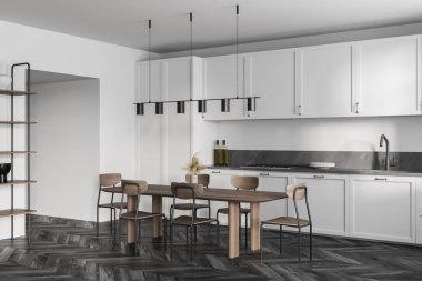 Mutfağı siyah parke olan beyaz mutfak odası. Tahta yemek masası sandalyeli, yan manzaralı, 3 boyutlu, kimseyi göstermeyen.