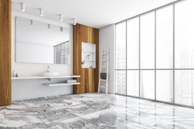 Beyaz ve ahşap banyo, tek lavabo, pencereli ayna, yan görüş, mermer döşeme. Raflı beyaz bir lavabo, gökdelenlere şehir manzaralı bir pencere, 3 boyutlu hiçbir insan oluşturmuyor.