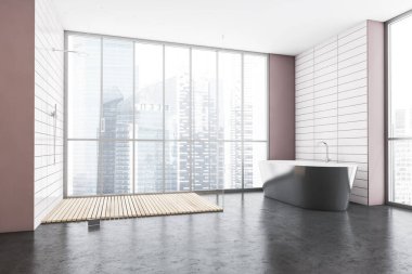Beyaz ve siyah banyo, gri küvet ve cam duş, siyah mermer zemin ve şehir manzaralı pencere. Minimalist modern banyo, 3 boyutlu, insan yok.