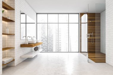 Duş alan beyaz tuğlalı banyo, ön manzara, pencerenin yanındaki lavabo ve aynalar. Minimalist banyonun raflı modern tasarımı, 3 boyutlu, kimseyi göstermiyor.