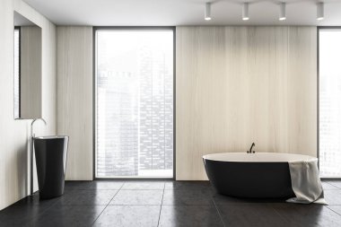 Beyaz ahşap ve siyah fayanslı minimalist banyo, lavabo ve pencerenin yanında beyaz küvet. Şehir manzaralı modern minimalist banyo, 3 boyutlu, insan yok.