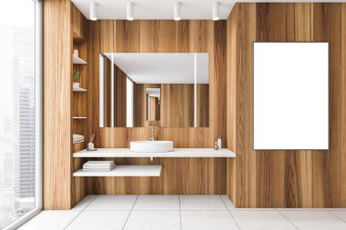 Ahşap ve beyaz banyoda pencere kenarında lavabo ve ayna olan bir çerçeve. Raflı modern banyo tasarımı, 3 boyutlu, insan içermeyen.