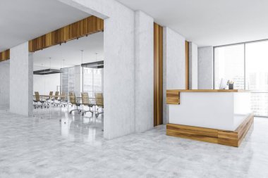 Beyaz ve ahşap kabul odası. İş yerindeki cam kapılar ardında konferans var. Pencerenin yanındaki mermer zeminde bilgisayarları olan ofis masası, 3 boyutlu, kimseyi görüntülemiyor