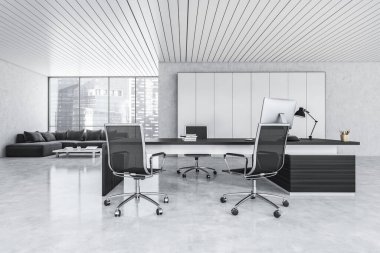 Siyah koltuklu beyaz ve siyah ofis odası ve mermer zeminde bilgisayar olan siyah masa. Minimalist danışma odası, 3 boyutlu, kimseyi göstermiyor.