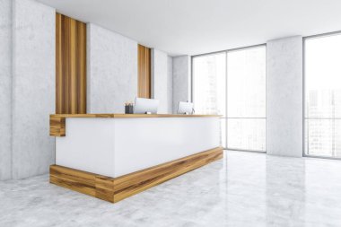 Beyaz ve ahşap kabul odası, ofis masası mermer zemin üzerinde bilgisayarlar, yan görüş, pencerenin yanında. Minimalist ışık giriş odası, 3 boyutlu, insan yok.