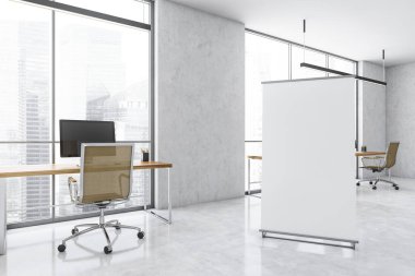 Beyaz ofis odasındaki, tahta masaları ve bilgisayarları olan, mermer zeminde bej sandalyeleri olan, 3 boyutlu bir tuval.