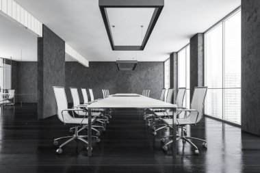 Beyaz koltukları ve ahşap masası olan siyah toplantı odası. Ofis minimalist mobilyalar, yan görünüm, iş yerindeki pencerenin yanında, 3D, kimseyi göstermiyor.