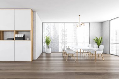 Beyaz ve ahşap oda. Parke zeminde bir sürü sandalye var. Beyaz masalı bekleme odası ve pencere kenarındaki beyaz sandalyeli şehir manzaralı, 3 boyutlu, kimseyi göstermeyen.