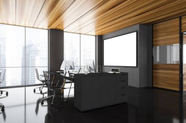 İç mekan panoramik şehir manzarası, mobilya ve ekipmanlarla birlikte çalışıyor. İş yeri ve yaşam tarzı konsepti. Üç boyutlu görüntüleme. Duvarı düzenle.