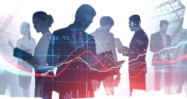 Mali tabloları ve hareketi tahmin etmek için çalışan ve analizleri araştıran iş adamlarının siluetleri. Arka planda istatistik çizelgesi. Çift pozlama