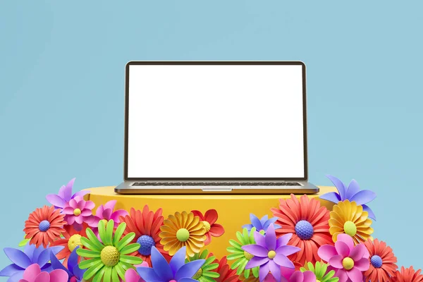 Mockup copy space in laptop on a stand with flowers on blue background. White screen on laptop on yellow podium decorated with flowers, 3D rendering no people