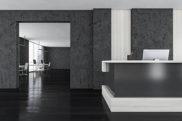 Black and white wooden reception room in open space business office, office desk with computer on parquet floor. Minimalist light office room with furniture, 3D rendering no people