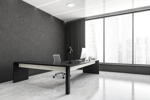 Grey and white business office room with minimalist furniture, side view, table with lamp and computer near window. 3D rendering, no people