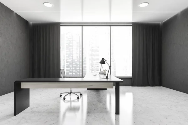 Grey and white business office room with minimalist furniture, side view, table with lamp and computer near window. 3D rendering, no people