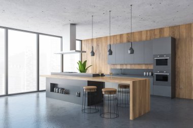 Mermer zeminde siyah ve ahşap mutfak seti, yan görüş, şişeler için yeri olan ahşap kesme masası. Mutfak odası seti, kesim masası ve bar sandalyeleri, 3 boyutlu görüntüleme, insan yok.