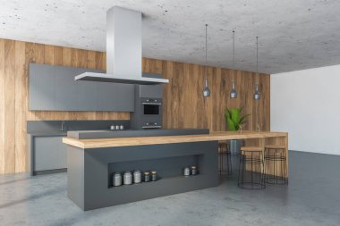 Mermer zeminde siyah ve ahşap mutfak seti, yan görüş, şişeler için yeri olan ahşap kesme masası. Kapüşonlu mutfak odası, kesim masası ve bar sandalyeleri, 3 boyutlu çizim, insan yok.