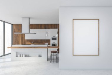 Beyaz zeminde beyaz ve ahşap mutfak çerçeveli, tahta kesim masası ve şişeler için boşluklar. Mutfak odası seti, kesim masası ve bar sandalyeleri, 3 boyutlu görüntüleme, insan yok.