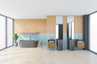 Gri küvetli bej ve mavi banyo ve aynalı iki lavabo, kahverengi havlulu çekmeceler. Şehir manzaralı bej mermer zemin ve pencereler. 3D, kimseyi göstermiyor.