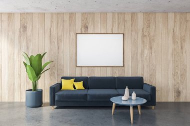 Mavi kanepenin üzerinde, siyah ve ahşap oturma odasındaki sarı yastıklı, ahşap duvarlı maket bez çerçeve. Minimalist kanepe ve mavi kahve masası. Bulaşık, bitki, 3D.