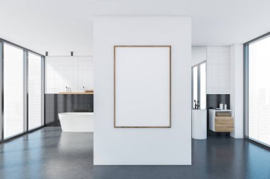 Beyaz ve gri banyodaki bez çerçeve beyaz küvetli ve aynalı iki lavabo, kahverengi havlulu çekmeceler. Şehir manzaralı gri mermer zemin ve pencereler. 3D, kimseyi göstermiyor.