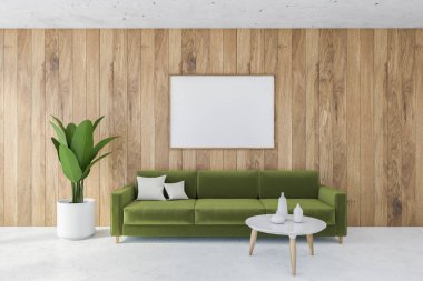 Yeşil kanepenin üstündeki bez çerçeve beyaz ve ahşap oturma odasındaki yastıklar, ahşap duvarlar. Minimalist kanepe ve beyaz kahve sehpası. Tabaklar, bitki, 3D...