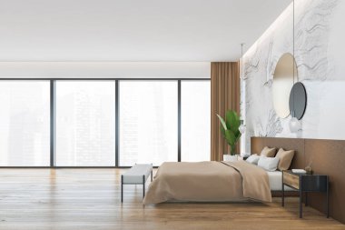 Ahşap beyaz ve bej yatak odası, yatak örtüleri ve yastıklar, yan görünüş, parke zeminde, perdelerin yanında. Kahve masası ve lambalar, köşeye yerleştirilmiş, 3 boyutlu, kimseyi göstermiyor.