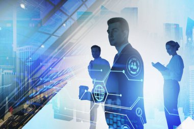 İş adamları ve küresel ağ bağlantısı, mavi hologramla çifte temas, arka planda gökdelenler. Kurumsal topluluk, takım çalışması