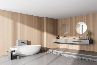 Açık ahşap banyo, mermer zemin, beyaz banyo küveti ve yuvarlak aynalı iki lavabo, yan görüş. Minimalist ahşap banyo, modern mobilyalar, 3 boyutlu, kimseyi göstermiyor.