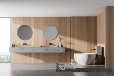 Açık ahşap banyo, mermer zemin, beyaz küvet ve yuvarlak aynalı iki lavabo. Minimalist ahşap banyo, modern mobilya ve pencere, 3D, kimseyi göstermiyor.