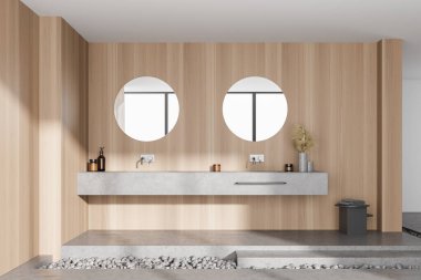 İki lavabo ve aynalı açık ahşap banyo, ön manzara. Modern banyonun minimalist bej tasarımı. Gri mermer ve taşları var. 3 boyutlu, insan yok.