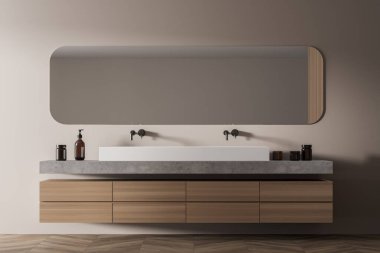 Açık ahşap banyo, iki lavabo ve oval ayna, ön manzara. Minimalist bej tasarımlı, parke zemini 3D döşemeli modern banyo, insan yok.