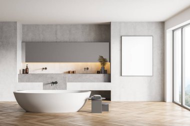 Beyaz banyoda parke zemin, beyaz küvet ve aynalı iki lavabo. Modern mobilyaları ve pencereleri olan minimalist bir banyo. 3D, kimseyi göstermiyor.