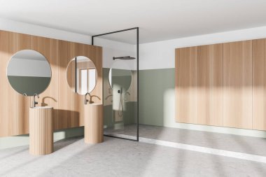 Modern banyo, beyaz ve ahşap duvarlar, beton zemin, üzerinde iki yuvarlak ayna ve duş kabini olan iki lavabo. 3d oluşturma