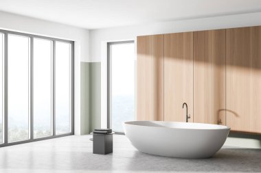 Beyaz ve ahşap duvarları, beton zemini ve rahat beyaz küveti olan modern banyonun köşesi. 3d oluşturma