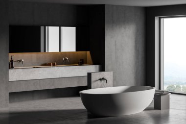 Mermer zeminli karanlık banyo, beyaz küvet ve aynalı iki lavabo. Modern mobilyaları ve pencereleri olan minimalist gri banyo. 3D, kimseyi göstermiyor.