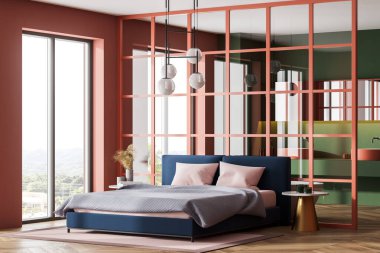 Şeftali oturma odası, yatak, gri battaniye ve pembe yastıklar, arka planda lavabo, yan görüş. Modern açık uzay stüdyosunda yatak odası 3D görüntüleme, insan yok.