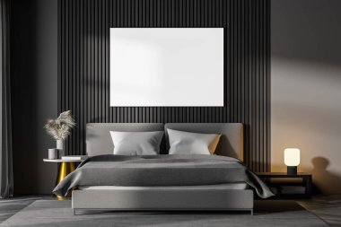 Karanlık yatak odasının içi ahşap parke, gri yatak ve iki komodinli. Aynalı bir dolap. Duvarda beyaz poster var. 3D oluşturma maketi