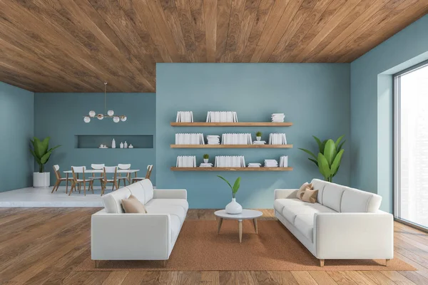 Blue and wooden living room with sofa and coffee table with plant, shelf on the wall with book. Light blue open space living room with dining table, 3D rendering no people