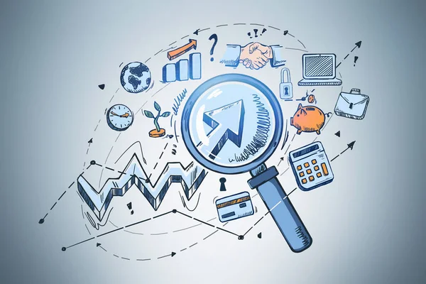 Loupe with set of icons and web network symbols on blue background. Concept of global communication and web search with graph and diverse drawings