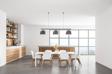 Pencerenin yanındaki 3 boyutlu modern mutfak. Ahşap tezgahlı yemek salonu. Beton zemin. Panoramik pencereler.