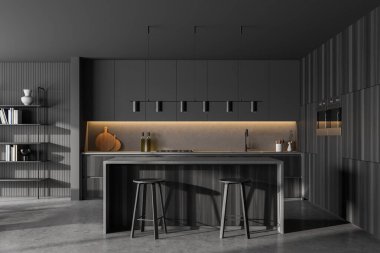 Gri mutfak odası, yemek masası, bar sandalyeleri, mermer zemin. Mutfak açık uzay odası, kitaplık, ahşap siyah mobilyalar, 3 boyutlu hiçbir insan yok.