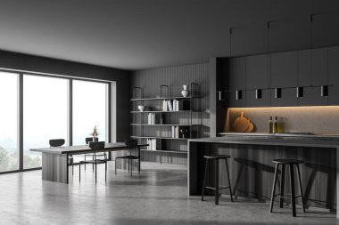 Gri mutfak odası, yemek masası, sandalyeler, mermer zemin, yan manzara. Mutfak, kitaplığı ve penceresi olan, ahşap siyah mobilyaları olan, 3 boyutlu, insanları olmayan açık bir uzay odası.