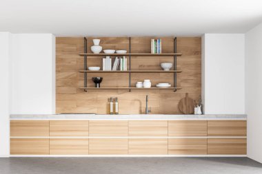 Modern beyaz ve ahşap mutfak, mutfak gereçleri, kitaplar, lavabo, soba. 3d oluşturma.