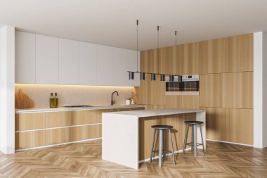 Ahşap mutfak odası, yemek masası ve bar sandalyeleri, parke zemin, yan manzara. Mutfak açık uzay odası, kitaplık, ahşap hafif mobilyalar, 3 boyutlu hiçbir insan yok.