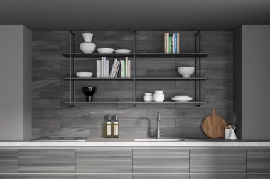 Modern gri ahşap mutfak, mutfak gereçleri, kitaplar, lavabo, soba. 3D görüntüleme. Kapat.