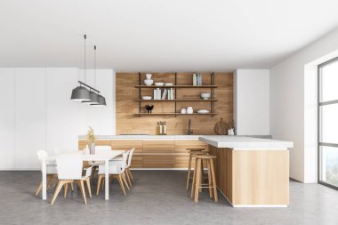 Pencerenin yanındaki 3 boyutlu modern mutfak. Ahşap masalı yemek salonu. Beton zemin. Panoramik pencereler.